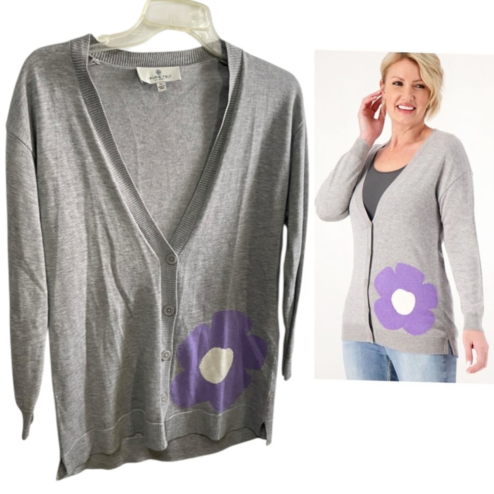 Laurie Felt Cashmere Blend purple Daisy Cardigan in gray women’s size XS